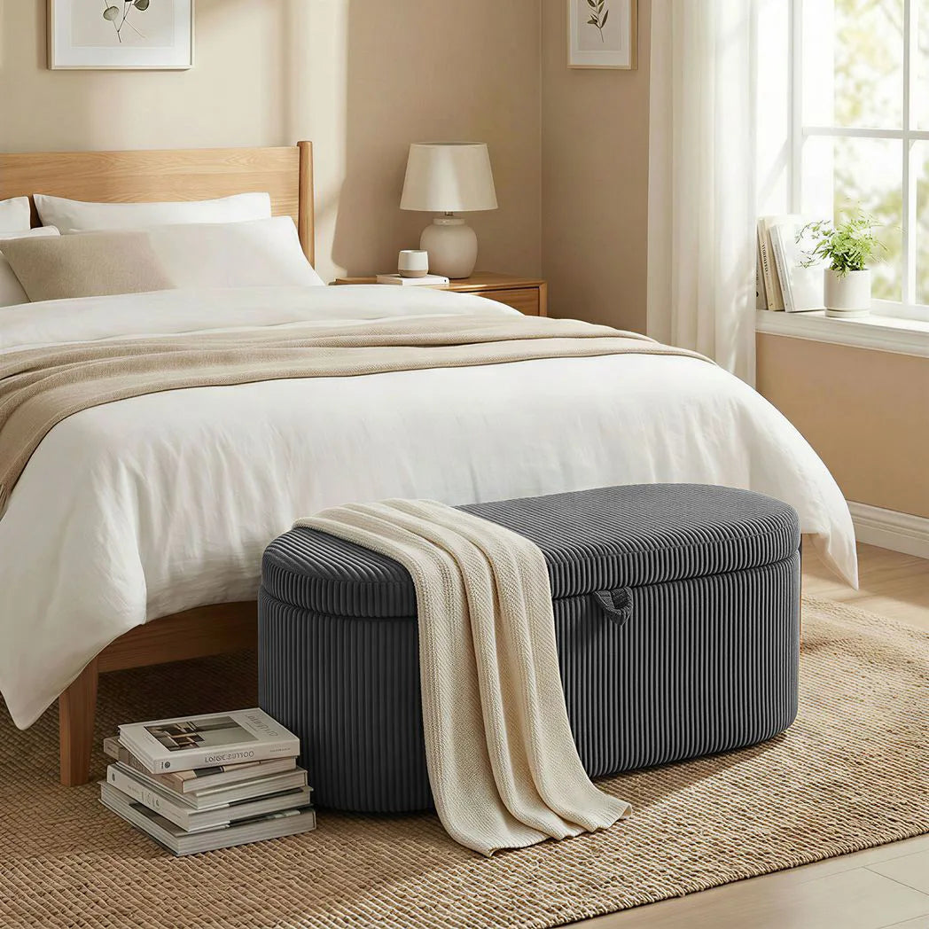 HOMCOM Corduroy Storage Ottoman Bench with Padded Seat and Hidden Storage – Living Room and Bedroom Seating, Dark Grey