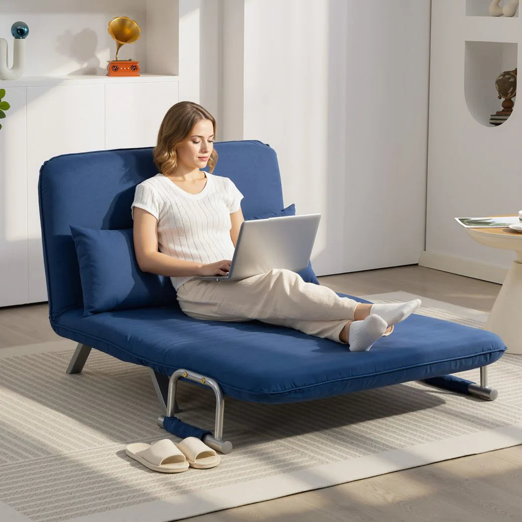 HOMCOM Two-Seater Click-Clack Sofa Bed with 5-Position Backrest – Faux Suede Folding Sleeper Sofa, Dark Blue