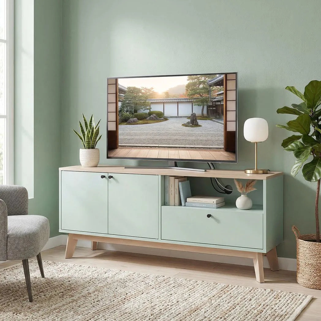 HOMCOM TV Stand for TVs up to 36 Inch with 2 Doors, Drawer and Adjustable Shelf – Mid-Century Media Unit, Light Green