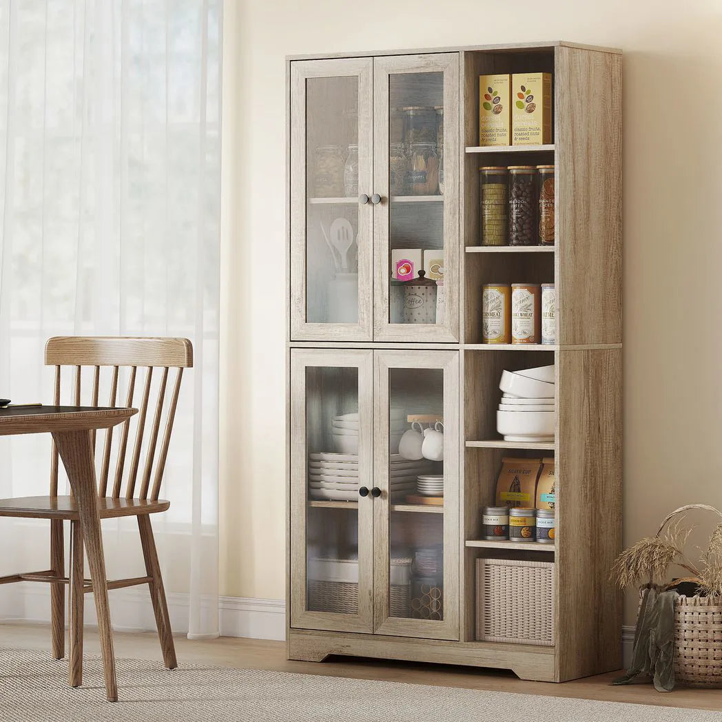 HOMCOM Multi-Storage Kitchen Cabinet with Glass Doors, Soft-Close Hinges and Adjustable Shelves – Grey Wood-Effect