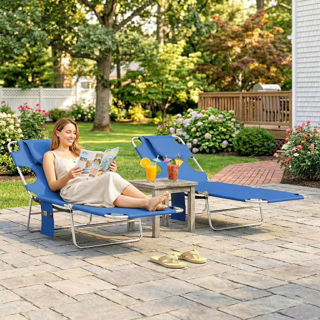 Outsunny Set of 2 Folding Sun Loungers, 5-Position Adjustable with Face Hole and Side Pocket, Blue