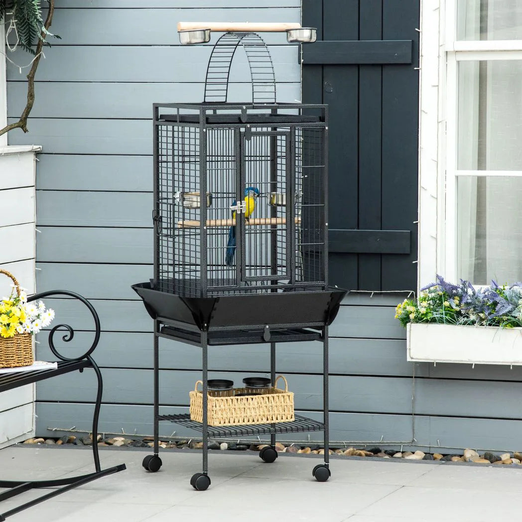 PawHut 156cm Parrot Cage with Open Play Top, Perches, Seed Guard & Wheels – Large Bird Cage, Dark Grey