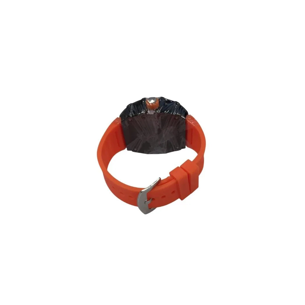 Longbo Gents Quartz Watch with Skeleton Clear Dial & Orange Rubber Strap – Black Fashion Wristwatch