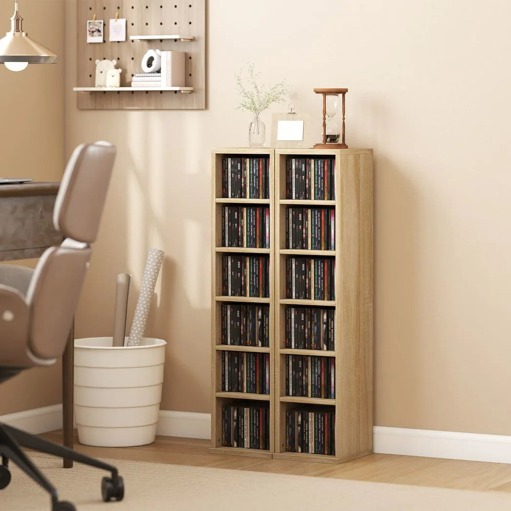 HOMCOM Set of 2 CD and Media Storage Tower Shelves with Adjustable Shelves and Anti-Tip Kits – Oak