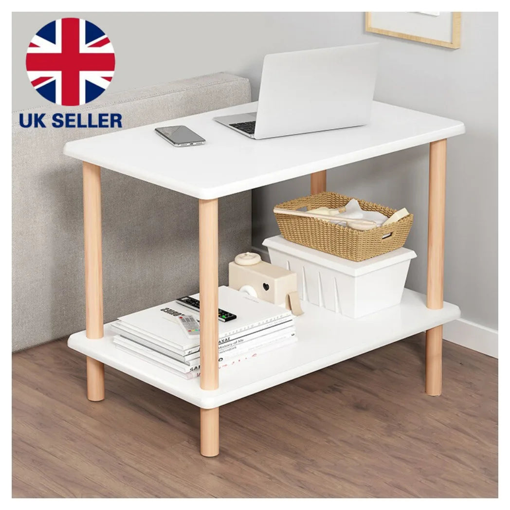 Narrow Side Table for Living Room – Small Bedside Table with Shelf, MDF & Solid Wood, White