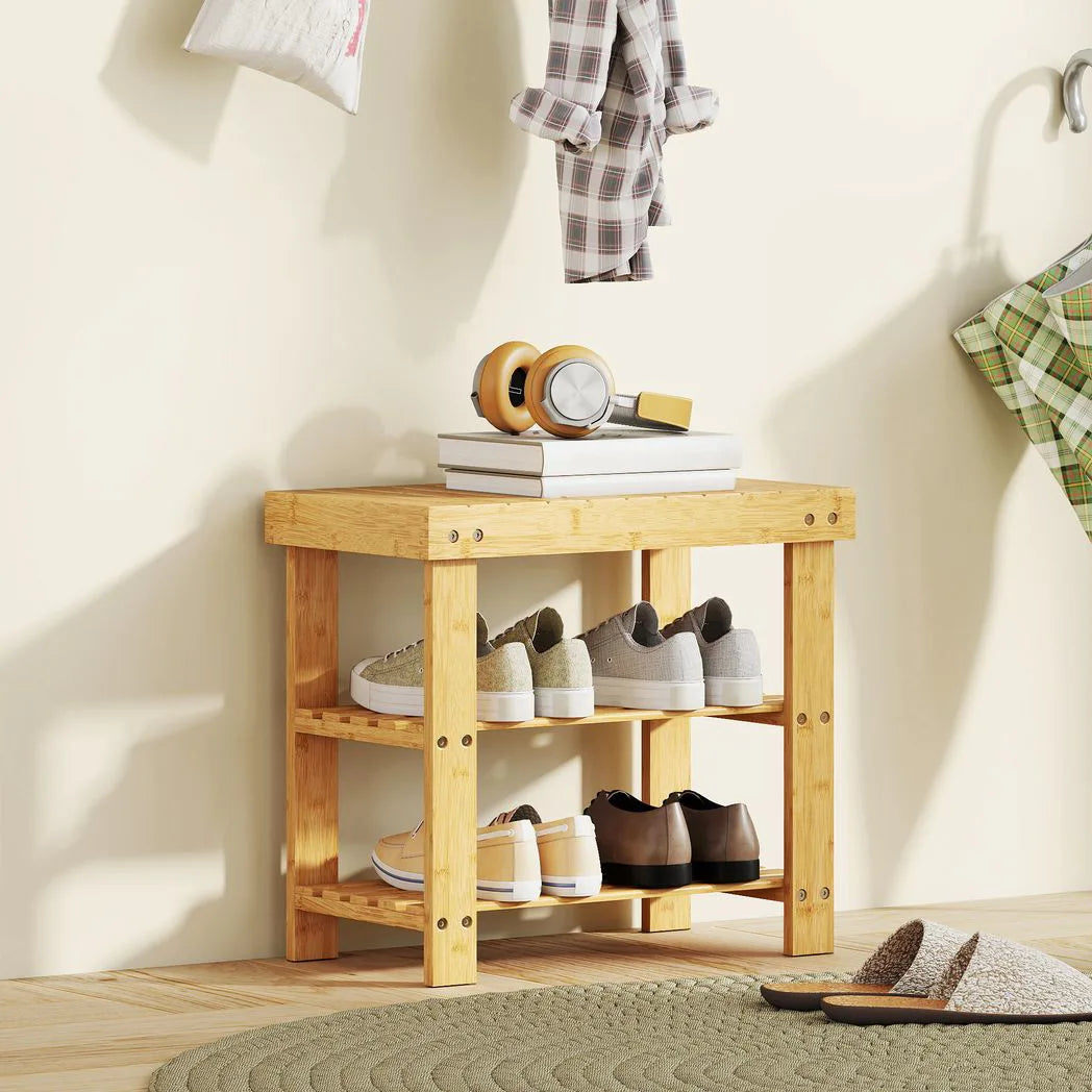 HOMCOM 2-Tier Bamboo Shoe Storage Bench – Slatted Shelves, Natural Finish