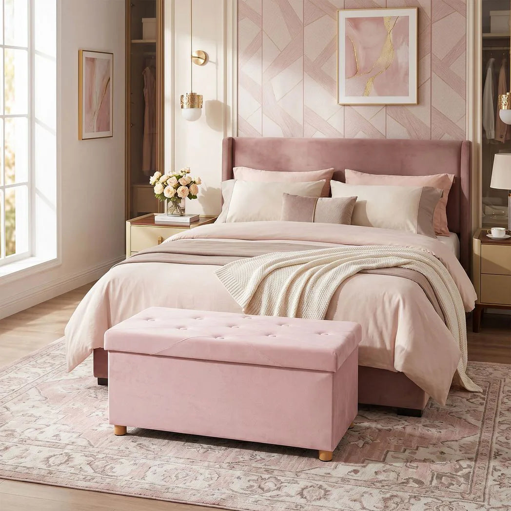 HOMCOM Velvet Upholstered Foldable Storage Ottoman Bench with Wood Legs – Footrest for Living Room, Pink