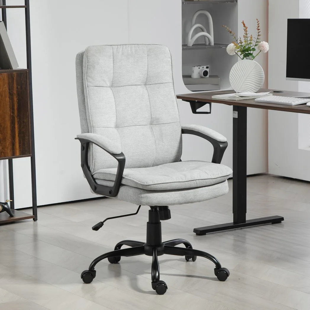 HOMCOM Linen-Look Double-Padded Office Chair with Adjustable Height and Tilt – Five Quiet Wheels, Grey