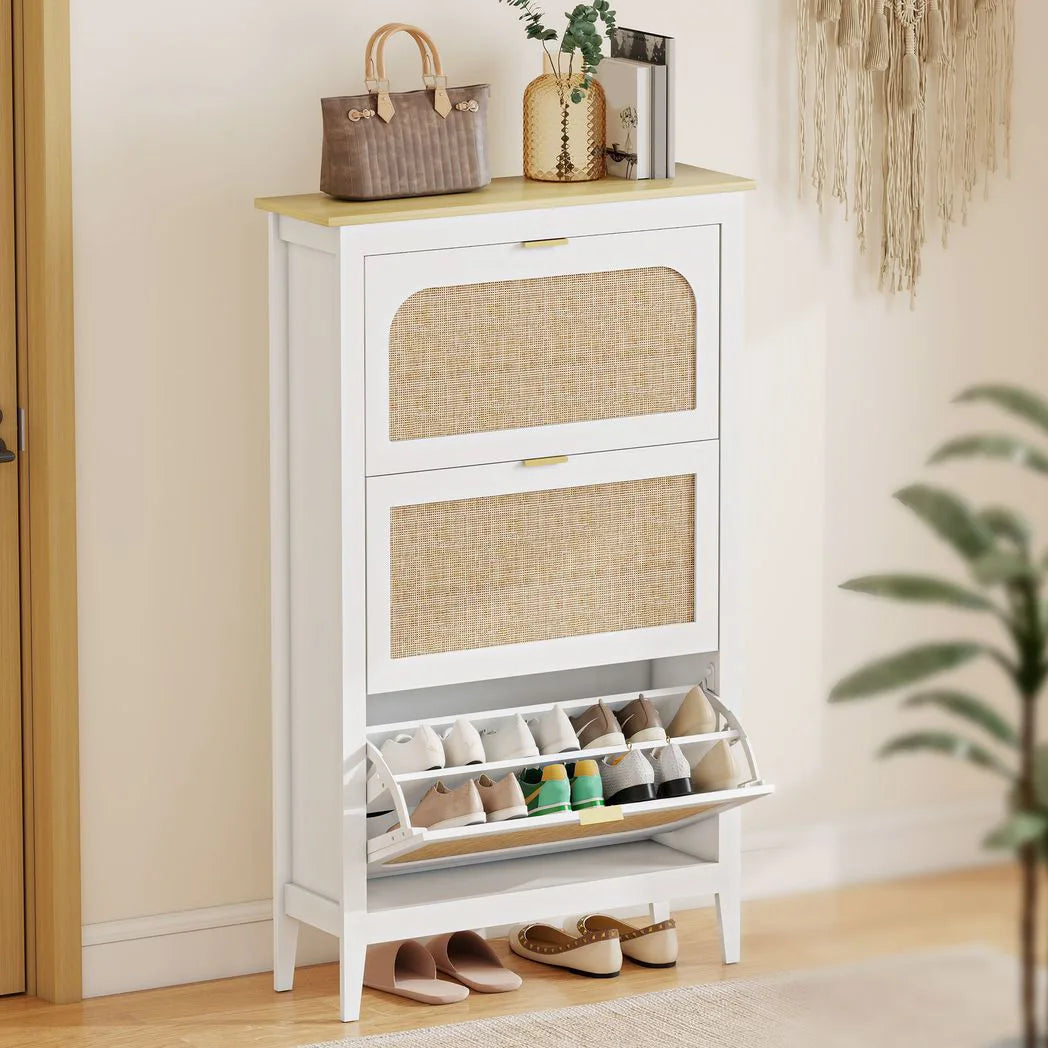 HOMCOM Boho Slim Shoe Cabinet with 3 Flip Drawers and Rattan Doors – Holds 21 Pairs, White