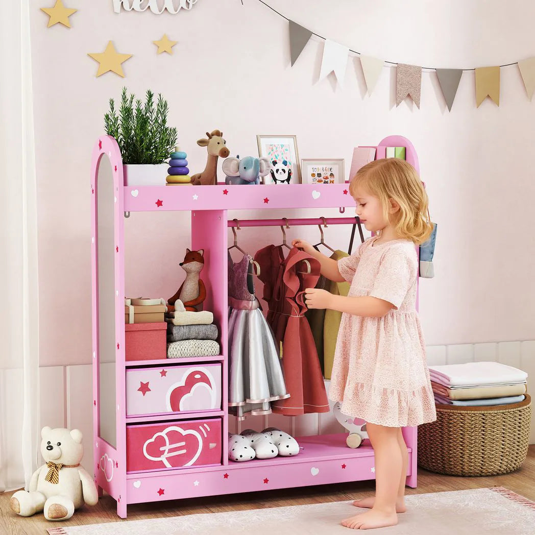 AIYAPLAY Kids Clothes Rail Wardrobe with Mirror, Shelves, Fabric Storage Boxes and Hooks – Bedroom and Nursery Storage, Pink