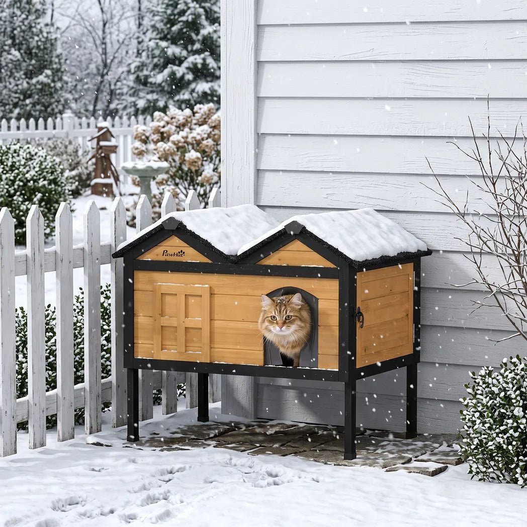 PawHut Wooden Outdoor Cat House with Asphalt Roof, Side Cleaning Door and PVC Curtain – Insulated Cat Shelter