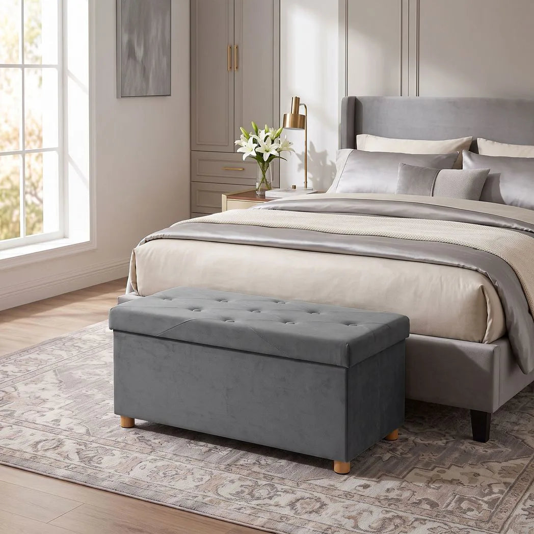 HOMCOM Velvet Upholstered Foldable Storage Ottoman Bench with Wood Legs, 67L – Footrest for Living Room, Grey