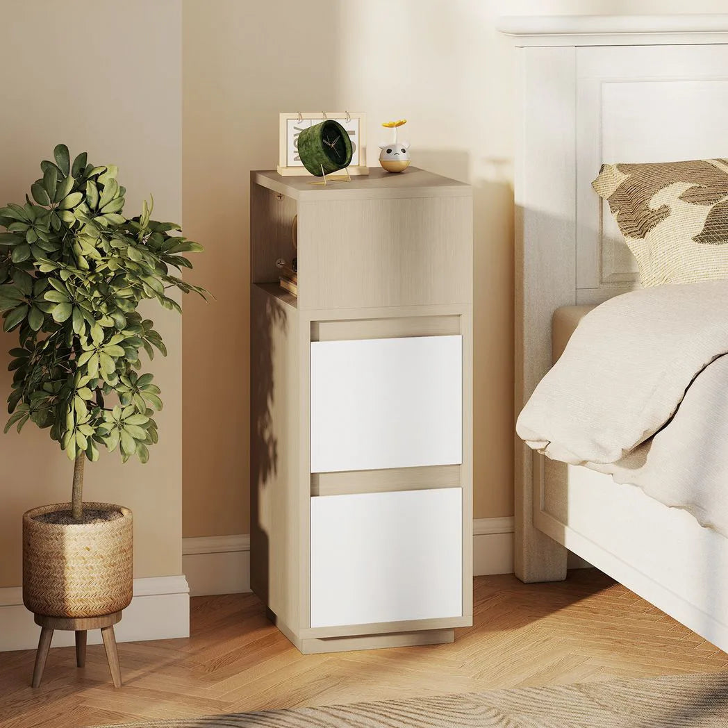 HOMCOM Slim Bedside Table with Open Shelf and 2 Drawers – Narrow Cabinet for Small Bedrooms, Natural Wood