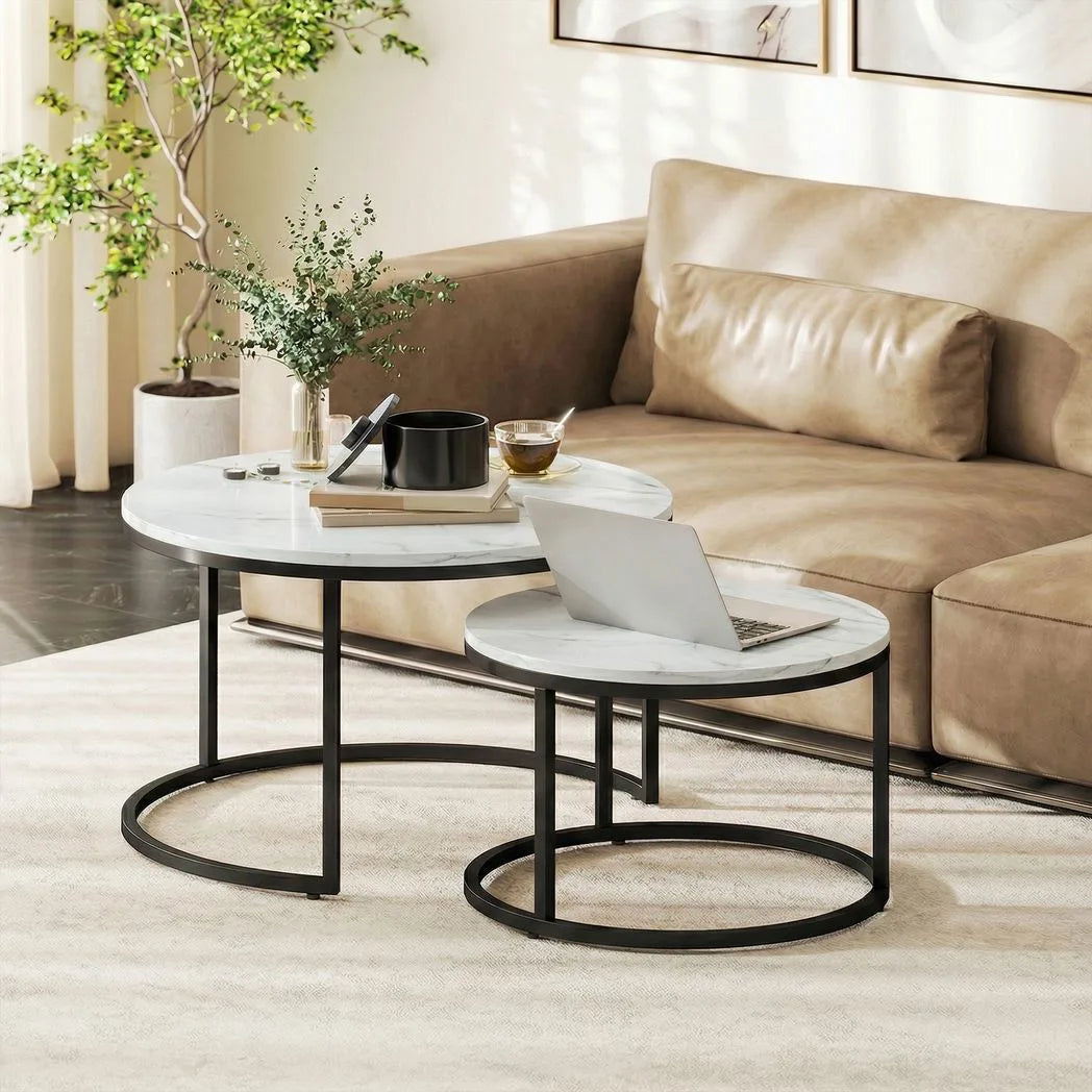 HOMCOM Set of 2 Round Nesting Coffee Tables with Marble-Effect Top – Space-Saving Stacking Tables, White