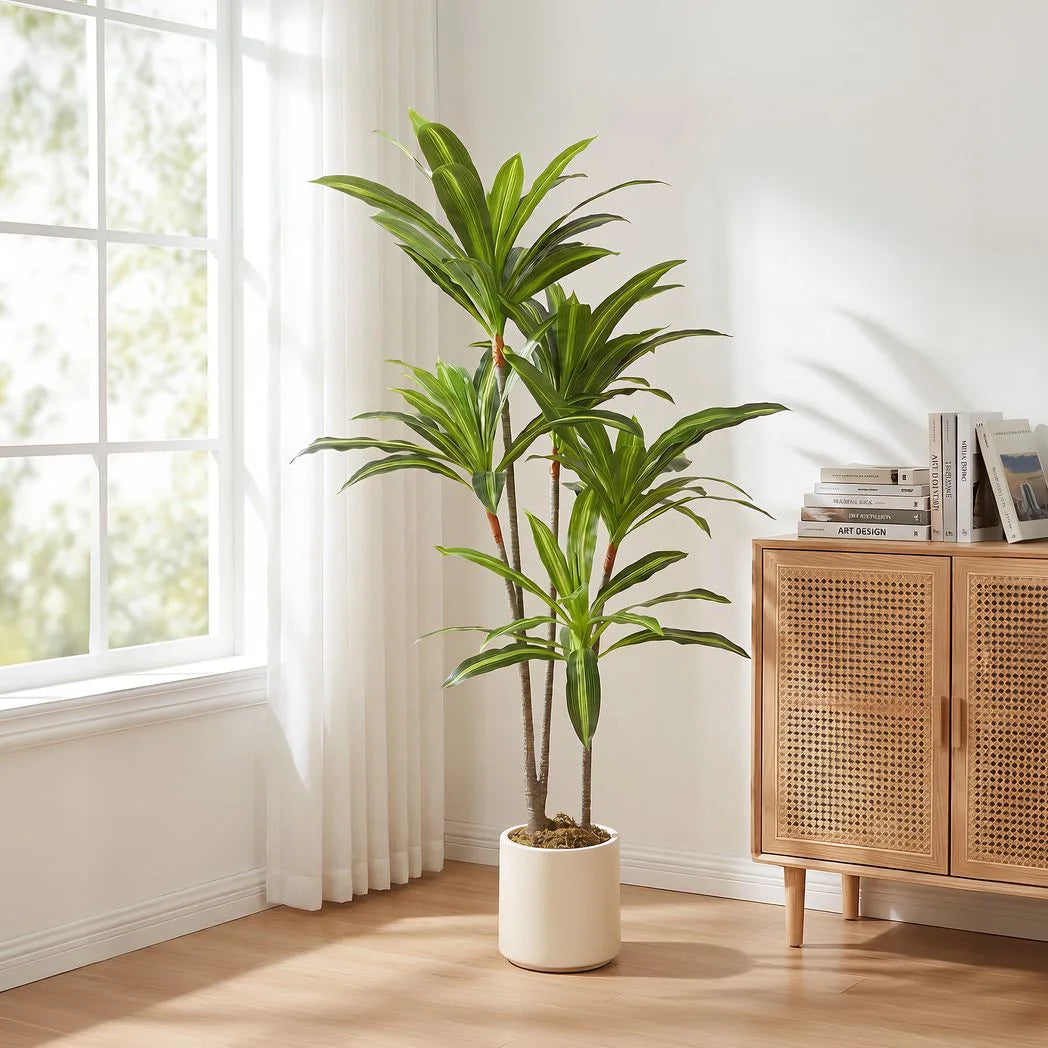 HOMCOM 150 cm Artificial Dracaena Tree with Bendable Trunks and White Pot – Lifelike Fake Plant, Green