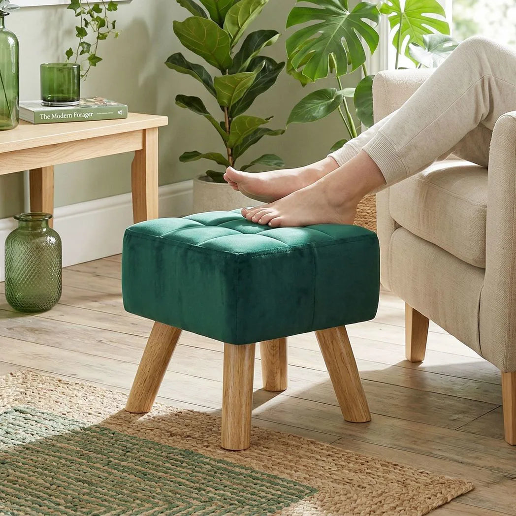 HOMCOM Velvet Square Padded Footstool with Wooden Legs – Leg Rest & Vanity Stool, Dark Green