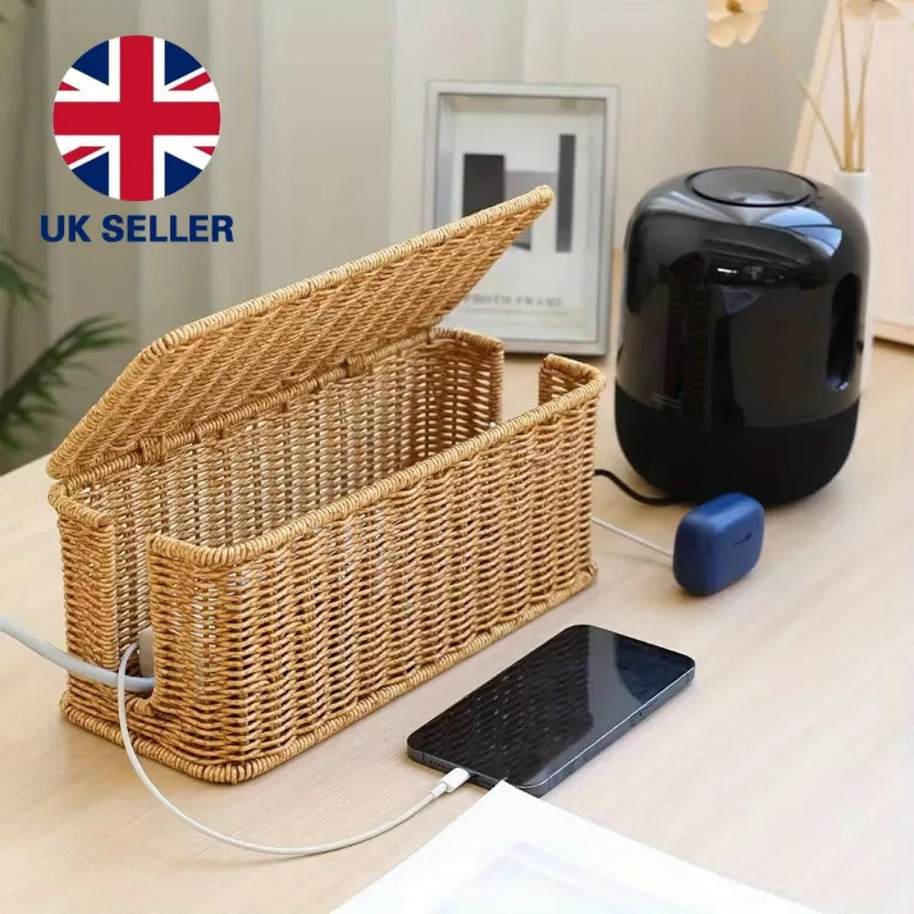 Wicker-Style Cable Management Box with Hinged Lid – Rattan-Effect Plug Socket and Power Strip Cover Organiser