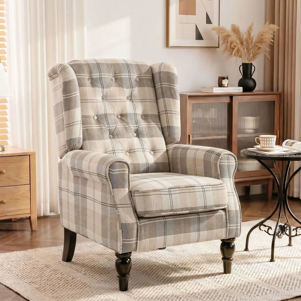 HOMCOM Wingback Accent Chair with Pocket-Spring Cushion and High Back – Linen-Look Armchair, Khaki Plaid