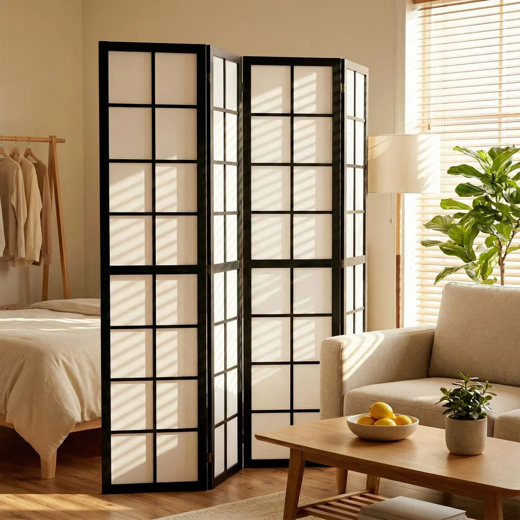 HOMCOM 4 Panel Folding Room Divider with Pine Wood Frame – Freestanding Privacy Screen for Living Room & Bedroom, Black