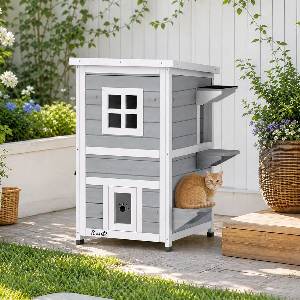 PawHut Wooden 2-Floor Outdoor Cat House with 3 Doors, Window and Asphalt Roof – Kitten Shelter, Grey