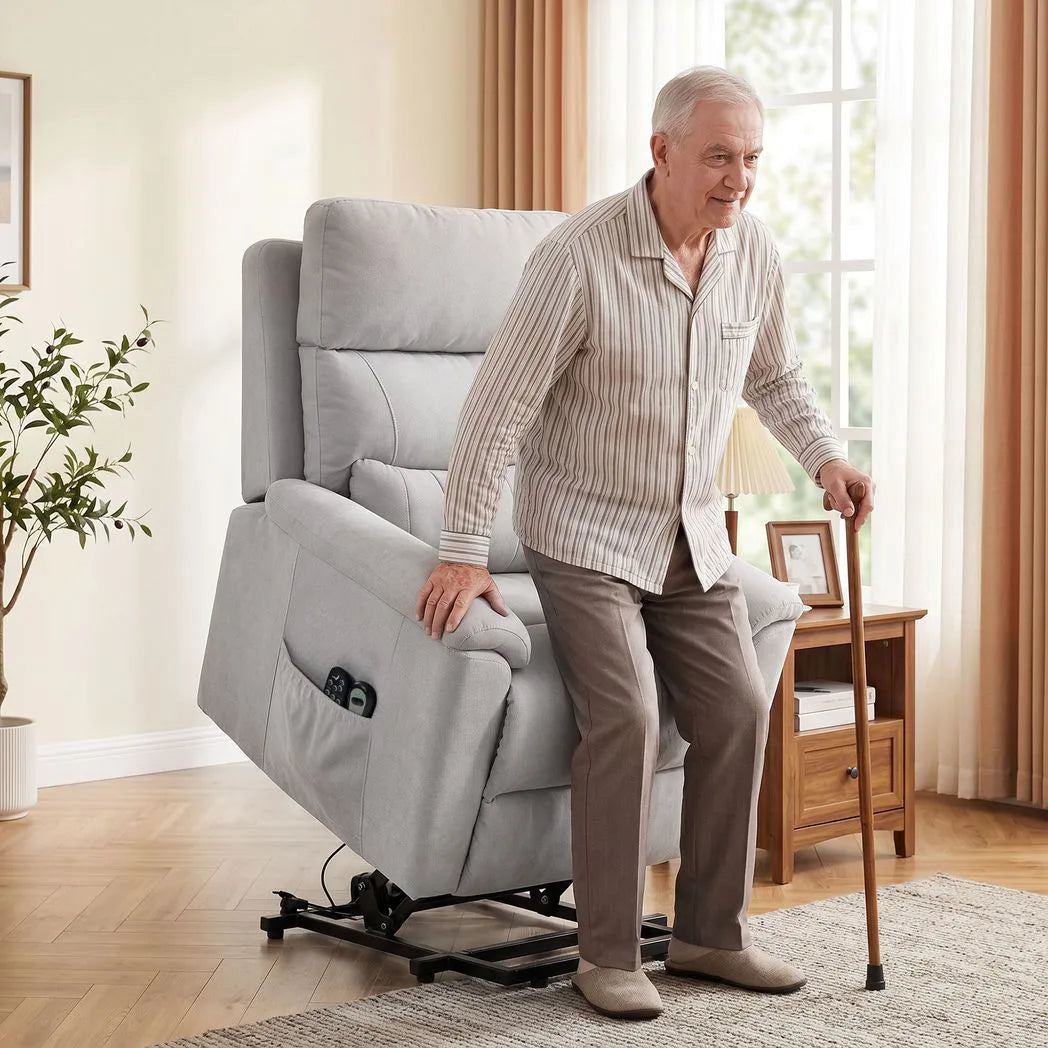 HOMCOM Power Lift Recliner Chair with Massage & Heat – Electric Lift Chair, Terry Cloth, Light Grey