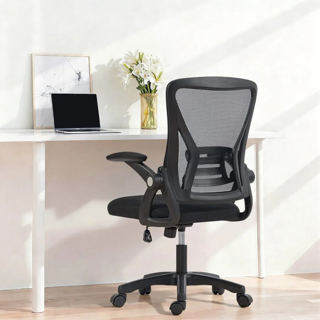 HOMCOM Mesh Office Chair with Flip-Up Armrests, Lumbar Support and Adjustable Height – Desk Chair, Black