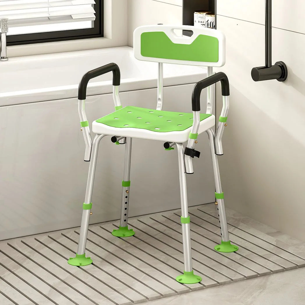 HOMCOM Height Adjustable Shower Chair with Back, Arms & Padded Seat – Bath Aid for Elderly and Disabled, Green