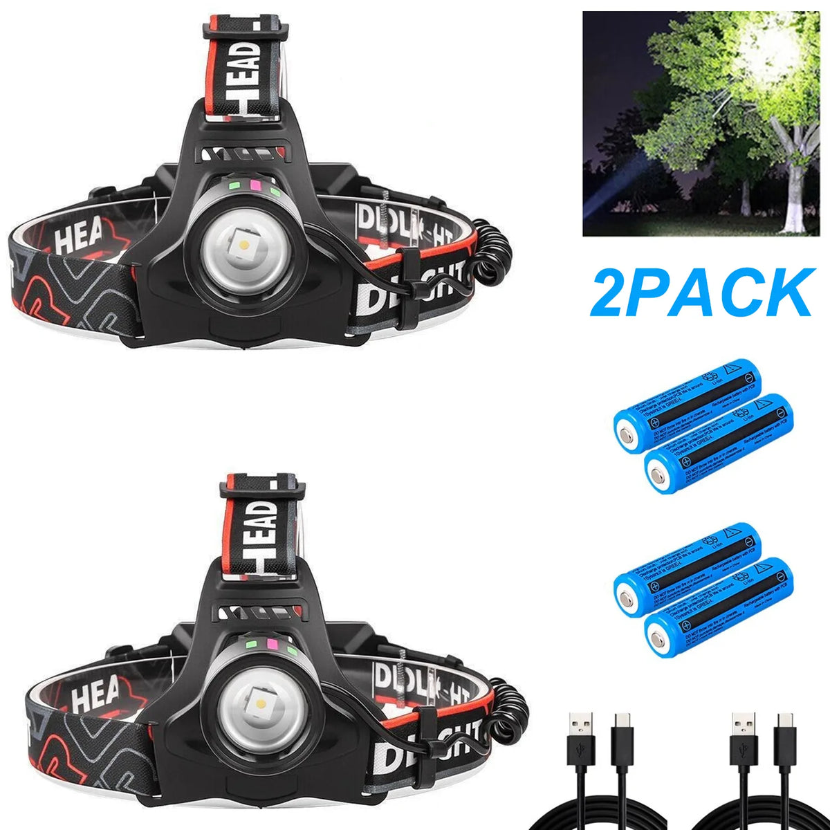2-Pack USB-C Rechargeable LED Headlamps with Zoomable Beam – Hands-Free Camping & Work Light