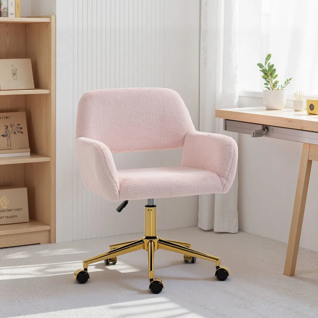 HOMCOM Faux Fur Rabbit Chair with 360° Swivel and Height Adjustment – Cosy Desk Chair, Light Pink