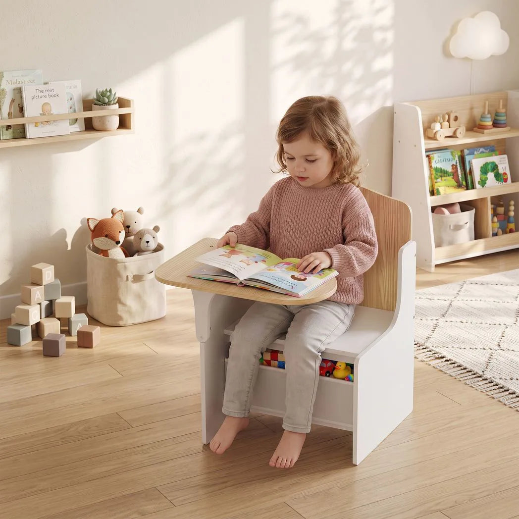 AIYAPLAY Kids Table and Chair Set with Storage Bin – Children's Desk for Play and Reading, Ages 3-5, White