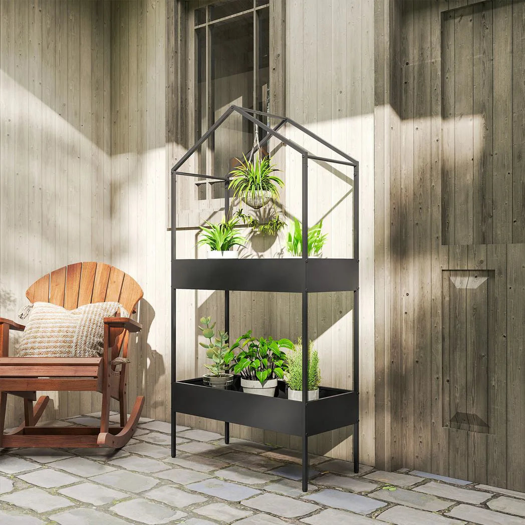 Outsunny 2 Tier Metal Plant Stand with Hanging Hook, House-Shaped Indoor Outdoor Display Rack, Black