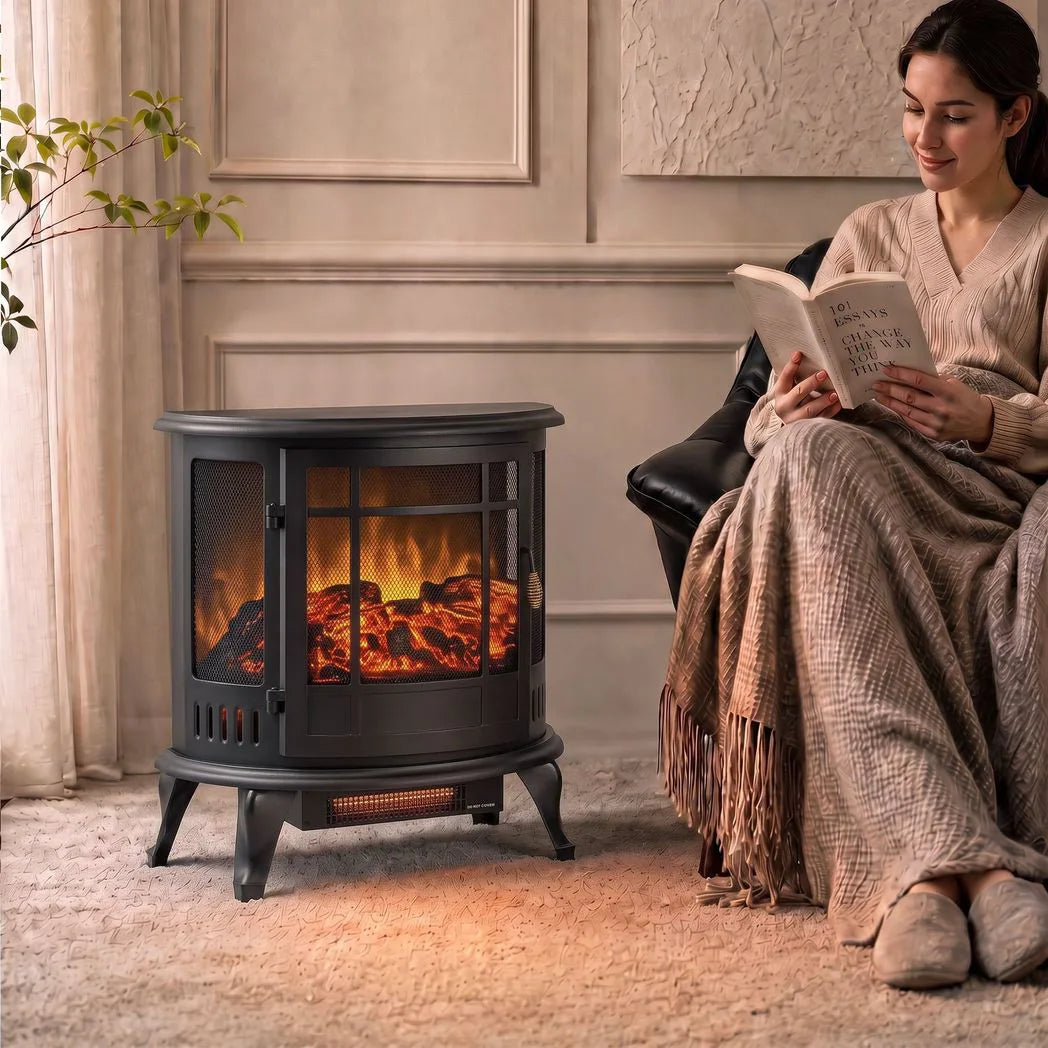 HOMCOM 2000W Electric Fireplace Stove with Realistic LED Flame – Freestanding Log Burner Heater, Black
