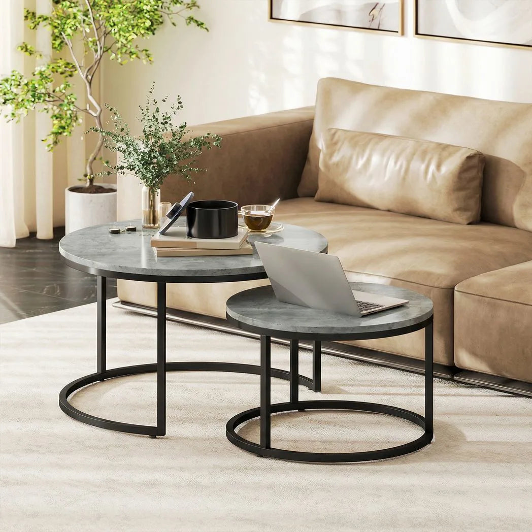 HOMCOM Set of Two Cement-Effect Nesting Coffee Tables with Steel Frame – Round Stacking Tables, Grey
