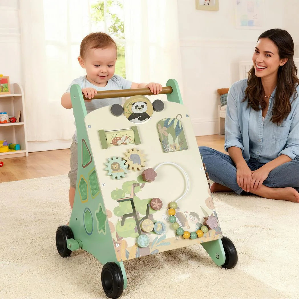 AIYAPLAY Wooden Baby Walker with Speed Control, Xylophone, Gears & Bead Maze – Push Along Toy, Green