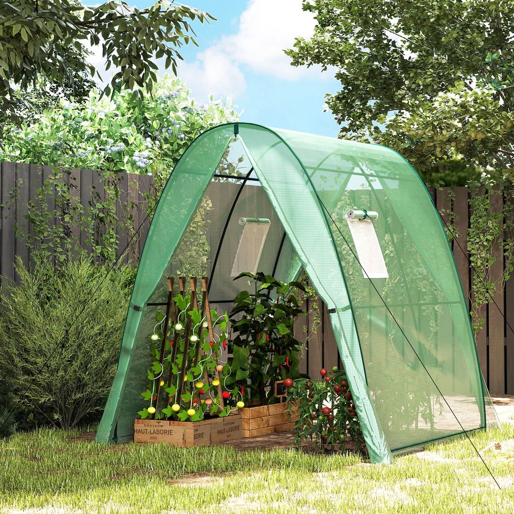 Outsunny Walk-In Polytunnel Greenhouse with Sandbags, 2 Zipped Doors & Mesh Windows, 1.8 x 1.8 x 2 m, Green