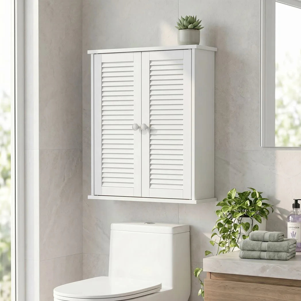 HOMCOM Wall Mounted Bathroom Cabinet with Louvred Doors and Adjustable Shelf – Storage Cupboard, White