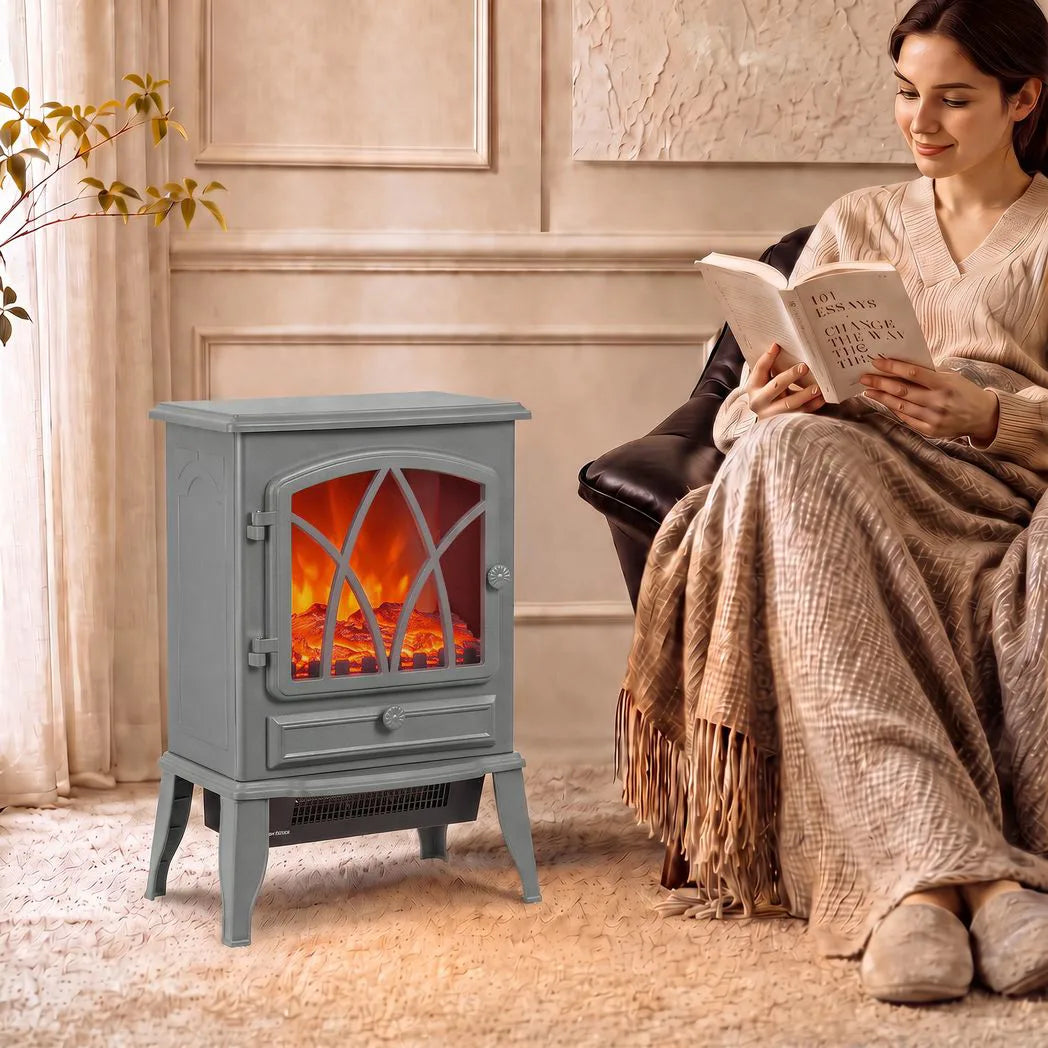 HOMCOM Vintage Electric Fireplace Stove, 1000W/2000W Freestanding with LED Flame and Thermostat – Grey