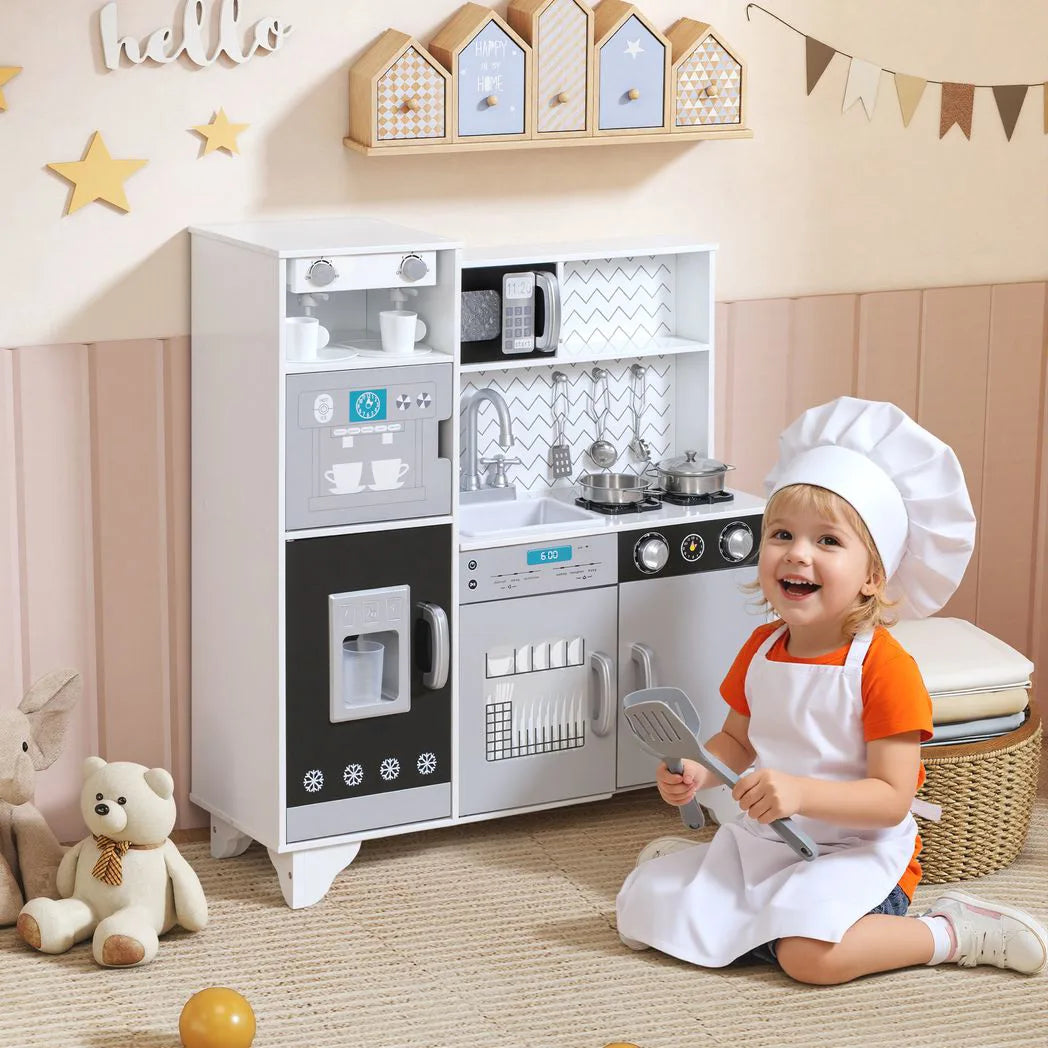 AIYAPLAY Kids Play Kitchen with Sounds, Ice and Coffee Maker, Microwave and Utensils – Role Play, Ages 3-6