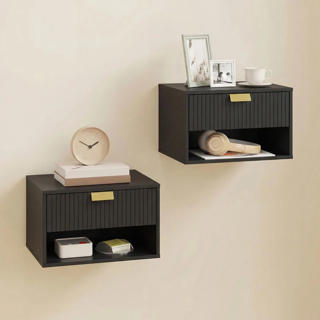 HOMCOM Floating Bedside Tables, Set of 2 Wall Mounted Nightstands with Fluted Drawer & Open Shelf, Black