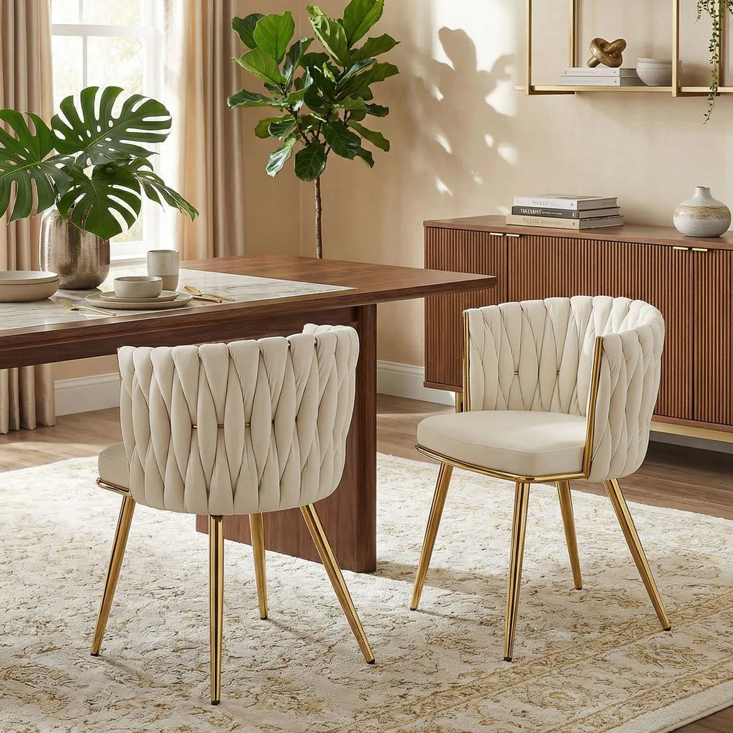 HOMCOM Set of 2 Velvet-Feel Dining Chairs with Knot Backrest & Golden Legs – Upholstered Accent Chairs, Cream