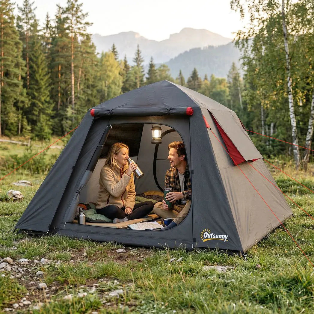Outsunny 2-Person Camping Tent with 3000mm Waterproof Rating, 2 Doors & Mesh Windows – Dark Grey and Red