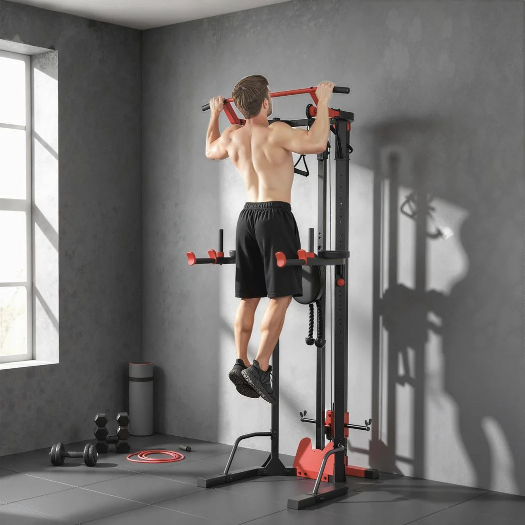 SPORTNOW Power Tower with Lat Pull Down, Pull Up Bar & Dip Station – Adjustable Home Gym Station, 300 kg Capacity