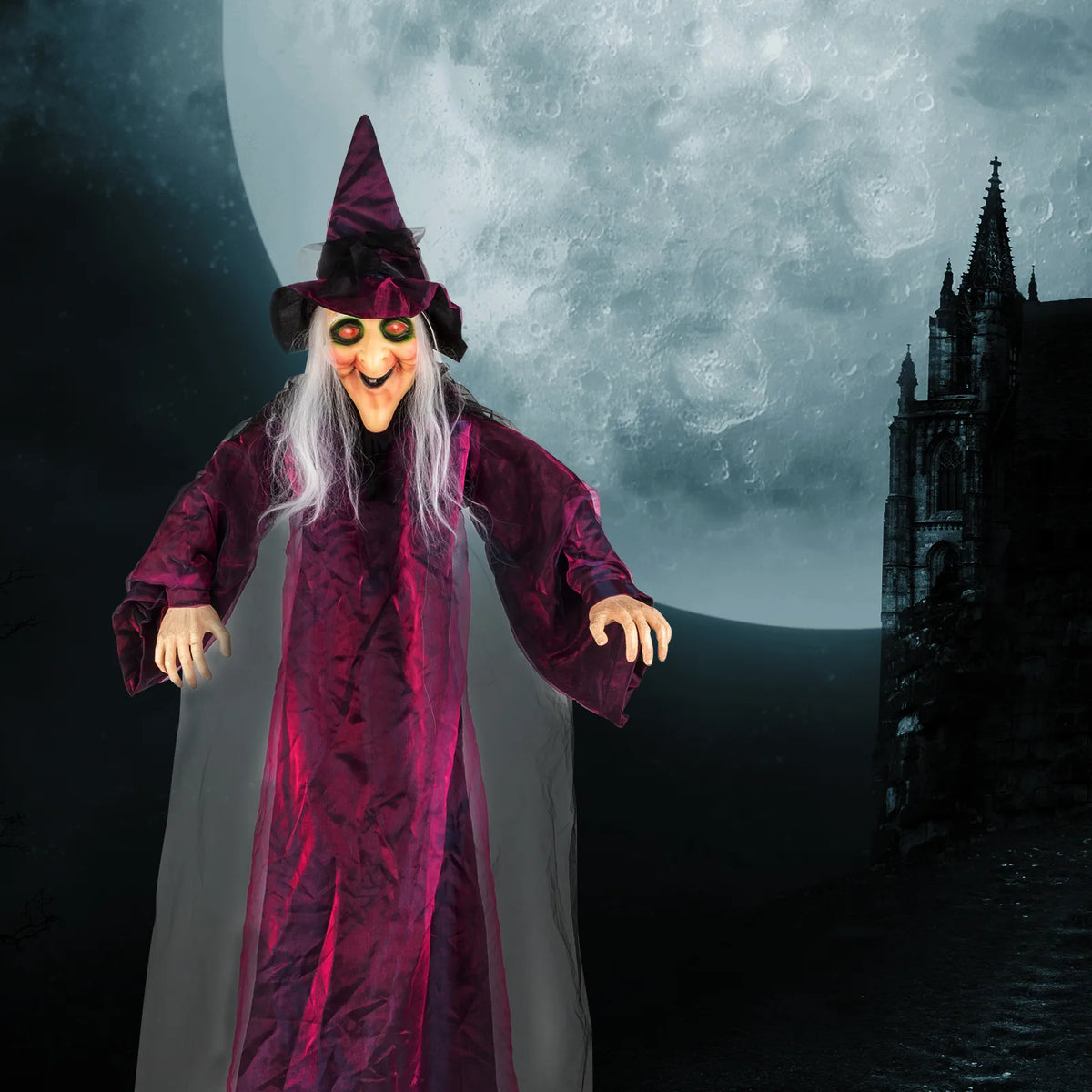 Life Size Talking Hanging Witch, 71in Halloween Decoration with Touch Sensor Sound & Light – Battery Powered