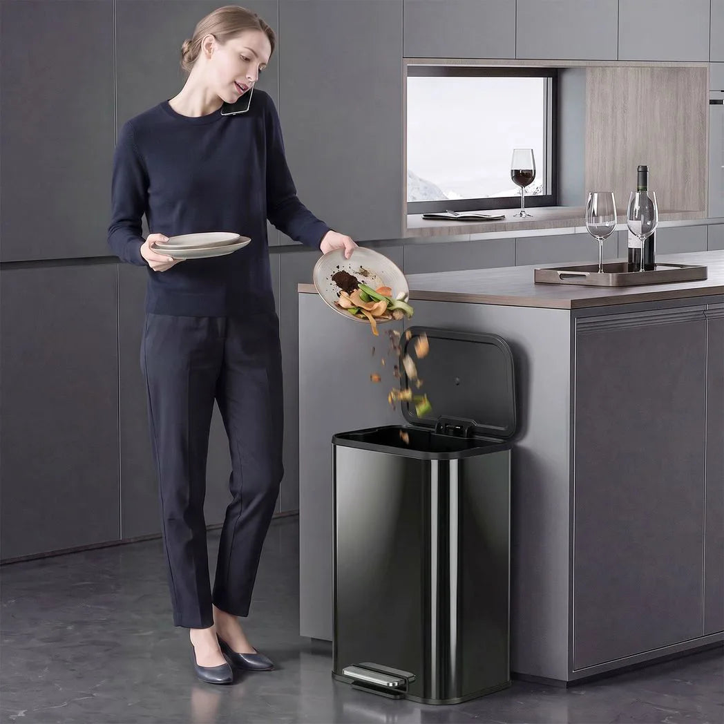 HOMCOM 50L Kitchen Bin with Soft Close Stay-Open Lid & Removable Inner Bucket – Metal Pedal Rubbish Bin, Black