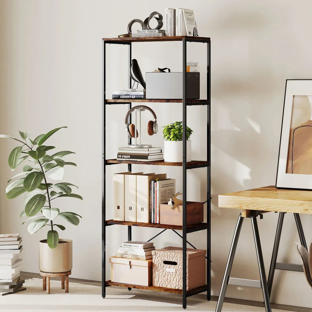 HOMCOM 5-Tier Industrial Bookcase with Metal Frame and Anti-Tipping Straps – Display Shelf, Rustic Brown and Black