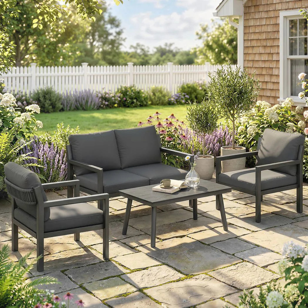 Outsunny 4 Seater Rattan Garden Set with 2 Armchairs, Loveseat, Coffee Table and Cushions – Dark Grey