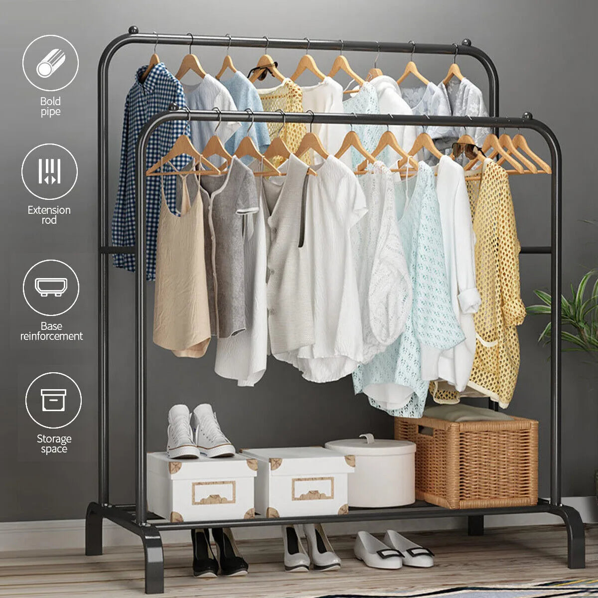 Heavy Duty Double Clothes Rail with Bottom Shoe Shelf, 110 x 54.5 x 150cm, Black