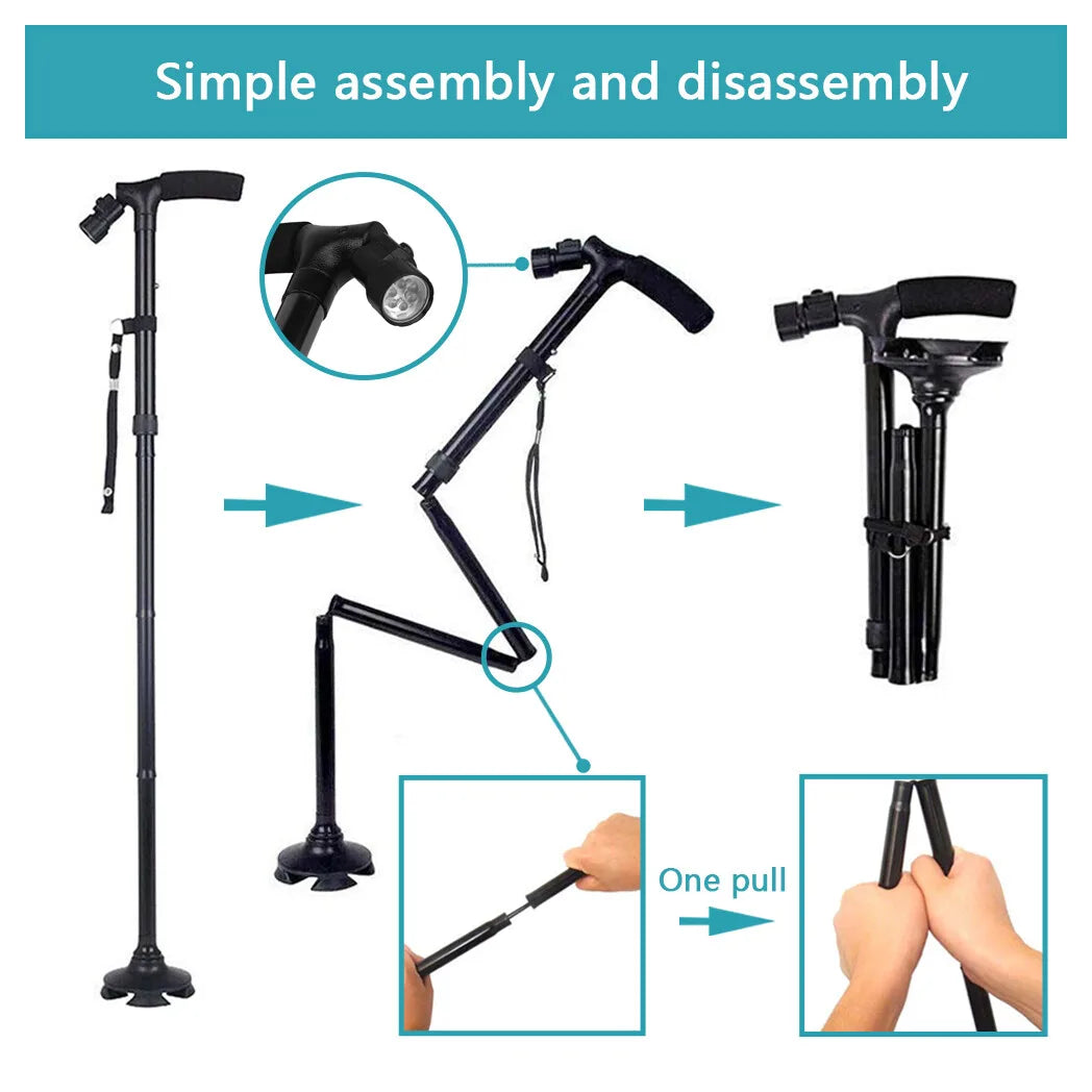 Folding Walking Stick with LED Light, 5 Adjustable Heights & Pivot Base – Hiking & Travel Cane, Black