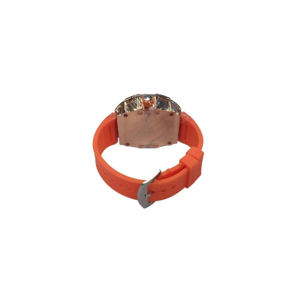 Longbo Gents Quartz Skeleton Watch with Clear Dial & Orange Rubber Strap – Rose Bling Fashion Wristwatch