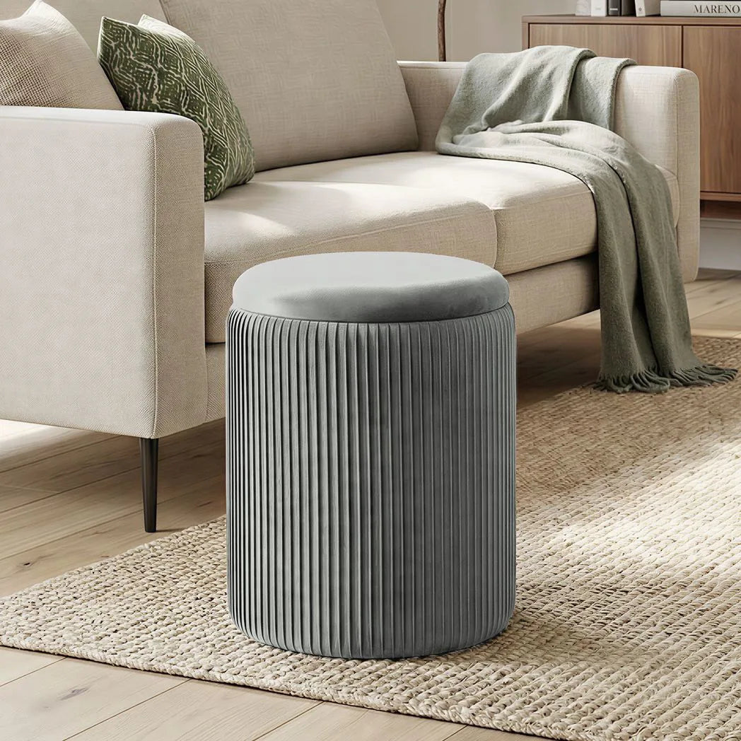 HOMCOM Round Velvet Storage Ottoman with Flip Lid Tray Top, 45 cm Footstool – Living Room, Grey